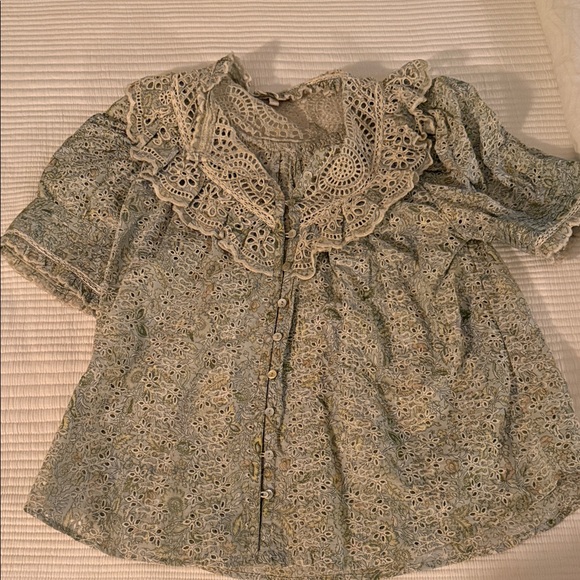 Love The Label Tops - Lace-Trim Floral Button-Front Blouse - Light Sage